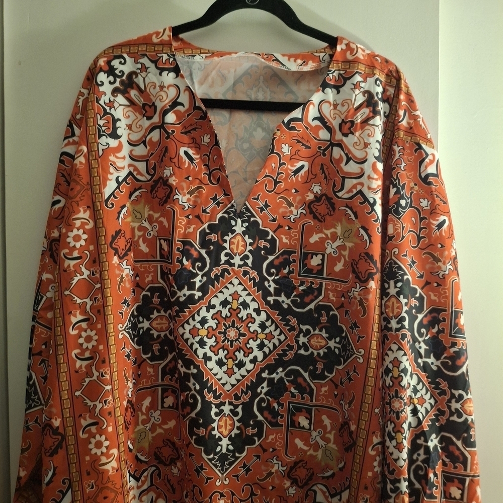 Men's Vibrant Orange and Black Patterned Bohemian Style Shirt